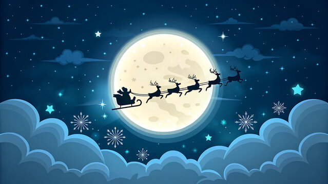 Santa claus on his sleigh in the night sky with reindeer flying over moon on winter season night time