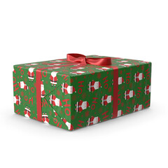 Christmas gift box with santa claus pattern and red ribbon bow