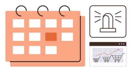 Calendar with marked date, alert notification icon, and chart showing shopping cart trends. Ideal for e-commerce, task management, reminders, scheduling, analytics productivity time management. A