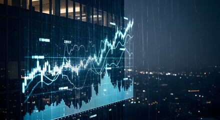 Dynamic Rainy Night Cityscape with Illuminated Financial Stock Market Graphs Projected on Modern Skyscraper Windows in an Urban Landscape