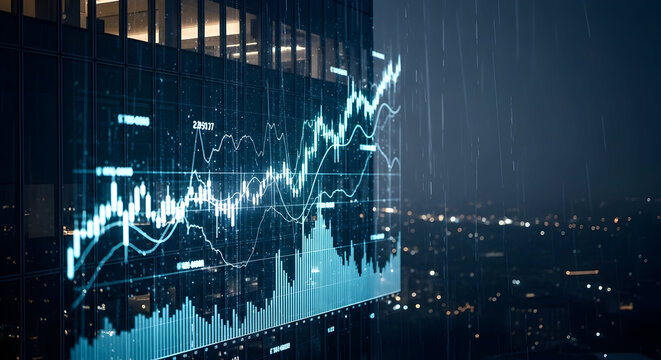 Dynamic Rainy Night Cityscape with Illuminated Financial Stock Market Graphs Projected on Modern Skyscraper Windows in an Urban Landscape