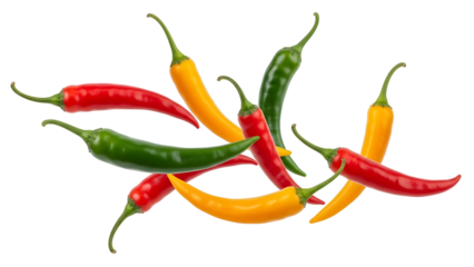 Dynamic composition of vibrant red yellow and green hot chili peppers showcasing natural colors and spicy flavor for culinary creations and healthy food recipes on transparent background
