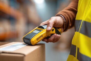 Warehouse worker scanning barcode on cardboard box with handheld device wearing high visibility vest for inventory tracking