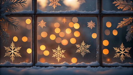 Snowflakes decoration on glass window for winter holiday season with bokeh lights background in outdoor view