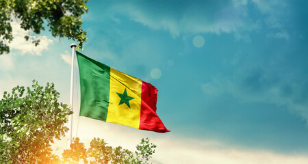 Senegal national flag waving in the sky behind the tree. The flag blowing with beautiful sunlight. Senegal national flag for independence day.