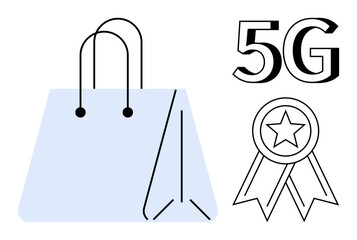 Shopping bag, award ribbon with star, bold 5G text. Ideal for retail, e-commerce, innovation, technology, branding achievement advertising. Clean design with simple flat metaphor