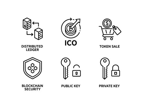 Distributed Ledger ICO Token Sale Blockchain Security Public Key Private Key Minimal Bold Line Icon Set