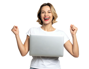 Joyful blond woman with open mouth holding laptop, clenching fists, and appearing overjoyed. A white tee is worn