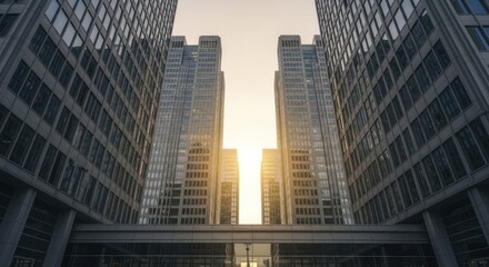 Multiple modern office towers converge toward bright sunlight creating dramatic geometric composition
