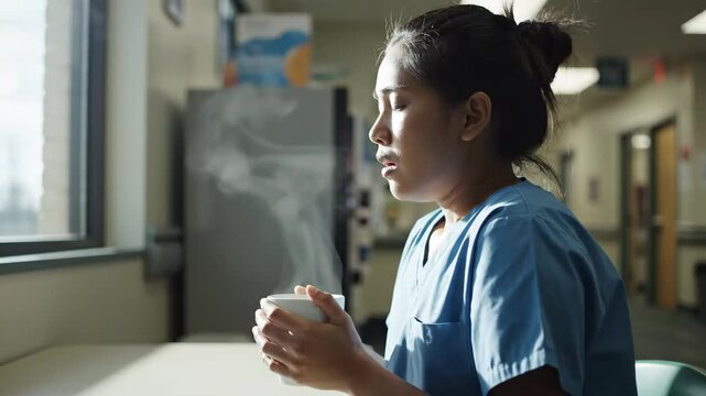 Nurse pausing for hot drink in medical room. Woman in scrubs holding steaming mug by window. Healthcare worker enjoying brief relaxation break during shift.
