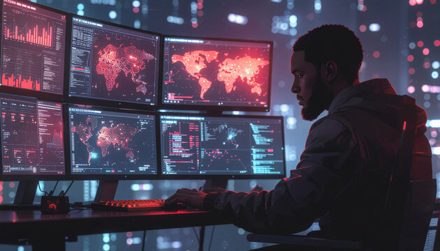 Red team hacker analyzing network weaknesses using multiple monitors with glowing red cyber elements in a modern workspace