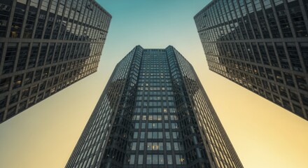 Three modern glass skyscrapers tower upward toward a fading twilight sky.