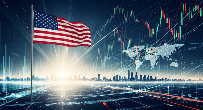 Dynamic and Engaging Visual of the American Flag Against a Backdrop of Stock Market Data and City Skyline Symbolizing Financial Growth and Global