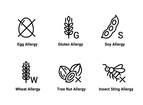 Egg Allergy Gluten Allergy Soy Allergy Wheat Allergy Tree Nut Allergy Insect Sting Allergy Minimal Bold Line Icon Set