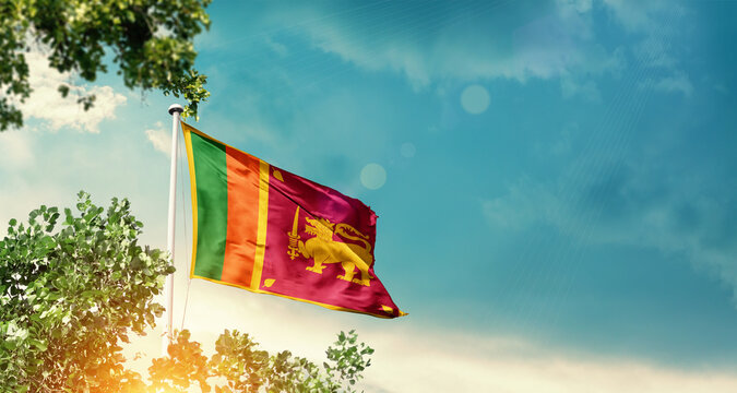 Sri Lanka national flag waving in the sky behind the tree. The flag blowing with beautiful sunlight. Sri Lanka national flag for independence day.