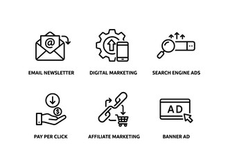 Email Newsletter Digital Marketing Search Engine Ads Pay Per Click Affiliate Marketing Minimal Bold Line Icon Set