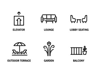 Naklejka premium Elevator Lounge Lobby Seating Outdoor Terrace Garden Balcony Minimal Bold Line Icon Set