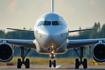 A large commercial airplane is taxiing on a runway, with its landing gear down and lights on. The runway is surrounded by trees and a clear sky, with a few clouds visible in the distance.