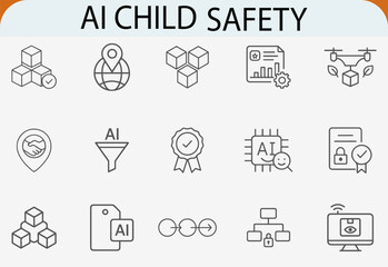AI child safety line icons set, security technology protection vector