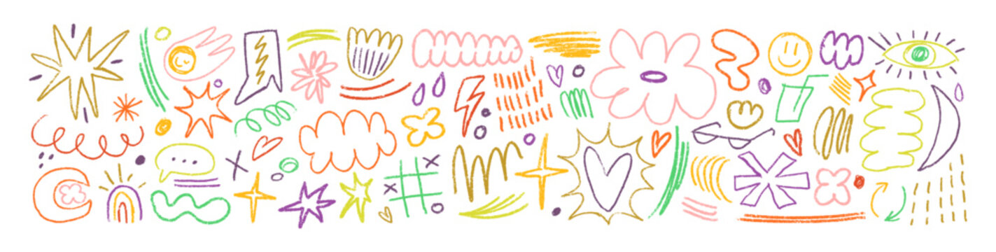 Abstract doodle charcoal elements set. Chalk and crayon sketches, kids scribbles. Heart, crown, shapes, pencil drawings in childish style. Hand-drawn vector illustrations isolated on white background