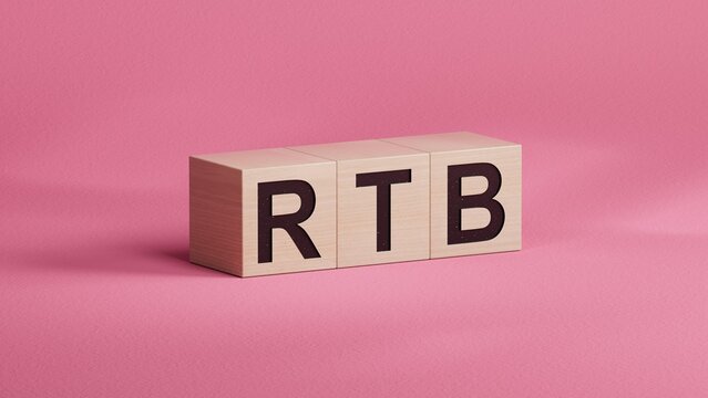 rtb, real, time, bidding. wooden table with wooden cubes. text on wood blocks.close up of wooden cubes,Business Concept.3D rendering. 