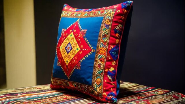 A vibrant, square pillow adorned with a detailed geometric pattern, resting atop a patterned surface