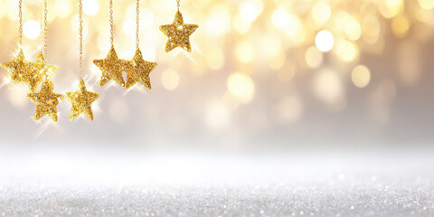 Golden star glitter gold bokeh sparkle holiday festive hanging decoration background with joyful vibe