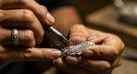 Master jeweler carefully handcrafting an intricate silver design with a precision tool