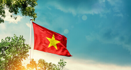 Vietnam national flag waving in the sky behind the tree. The flag blowing with beautiful sunlight. Vietnam national flag for independence day.