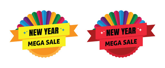 New year mega sale tag badge set. Discount badge sticker vector design on transparent background. Vector illustration.	