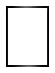 Simple, vertical, black wooden picture frame isolated against transparent background. Frame has matte finish and visible shadow underneath. Center space transparent