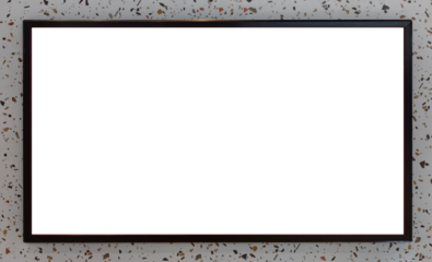 Empty black metal picture frame with a thick border, mounted horizontally on a stylish, multi-colored speckled terrazzo or marble-effect wall background, perfect for a mockup