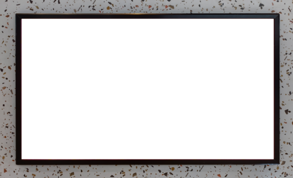 Empty black metal picture frame with a thick border, mounted horizontally on a stylish, multi-colored speckled terrazzo or marble-effect wall background, perfect for a mockup