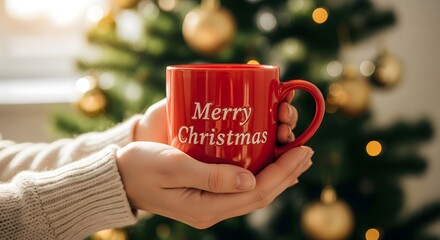 Cozy Christmas vibes with a festive red mug and twinkling tree lights, perfect for holiday cheer and warm wishes this season, creating magical moments