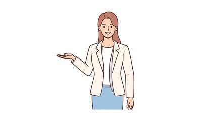 Confident businesswoman presenting with open hand gesture illustration.