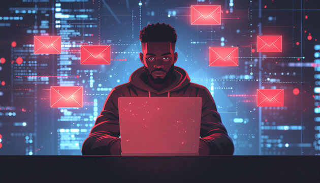 Red team specialist launching a phishing test with floating emails and subtle glowing red cybersecurity elements