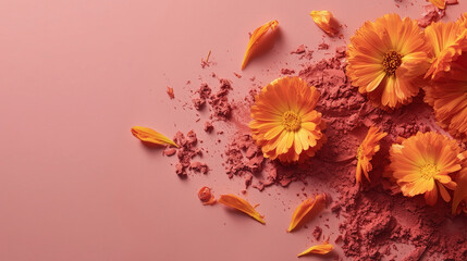 A pink background with orange flowers and orange powder
