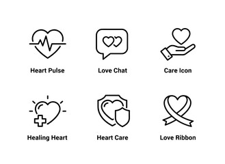 Heart Pulse Love Chat Care Icon Healing Heart Heart Care Love Ribbon — Minimal bold line icon set