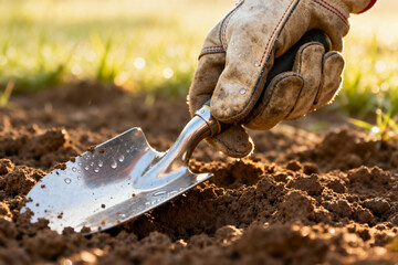 Gardener plants spring bulbs in rich soil with trowel wearing durable leather gardening gloves