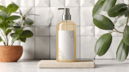 Organic cosmetic bottle with label mockup, placed on white ceramic tile, clean layout. Generative AI image