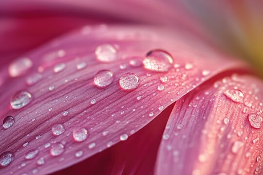A close-up of a pink flower with water droplets on its petals, set against a blurred background of green leaves. - Powered by Adobe