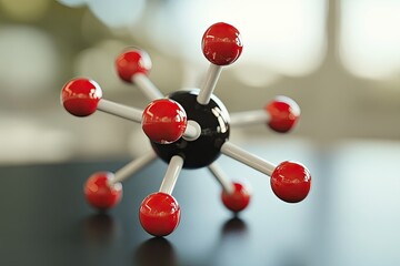 A black molecular model with red spheres and white rods, representing a complex chemical structure.