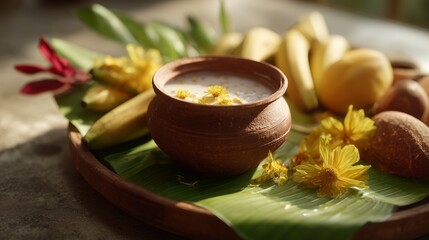 Traditional Hindu offering (Prasad) on a banana leaf. Clay pot with milk and fresh fruits.