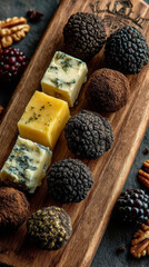 Board of tasting with black and white truffles, labeled gourmet display on wooden background. Generative AI image