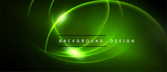 Bright green neon curves over dark background. Text reads background design. Glowing lines create abstract visual effect.