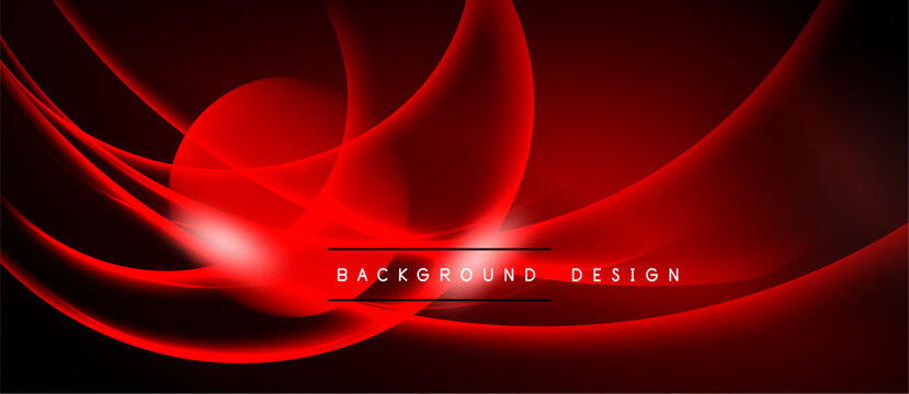 Abstract red design features flowing curves, dynamic shapes. Dark background enhances vibrant color, modern aesthetic. Text reads background design.
