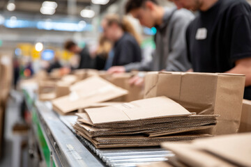 Efficient packing operations at industrial boxing station for logistics and distribution. Generative AI image