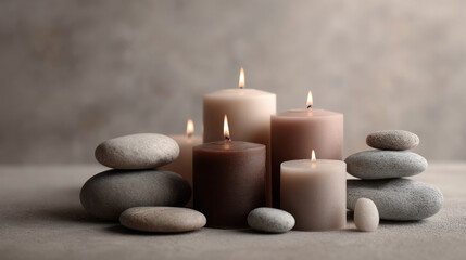 Calmness and balance with stones and candles setup. Stones are stacked with lit candles placed around them creating a tranquil atmosphere and promoting relaxation. Generative AI image