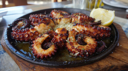 Octopus tentacles grilled to perfection, garlic butter, Mediterranean meal. Generative AI image