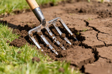 Fototapeta premium Get your garden ready with a sturdy garden fork preparing the soil for planting flowers and vegetables